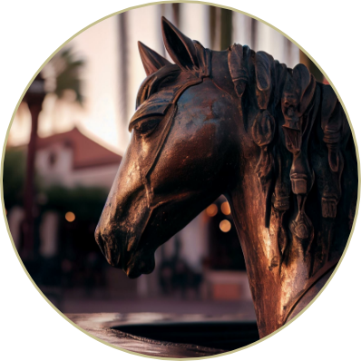 Close up of horse fountain in Old Town Scottsdale